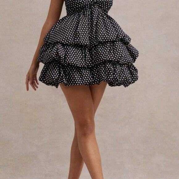 Club L London Pepper Black Polka Dot Strapless Ruffled Mini Dress Size 6 - Picture 4 of 13
